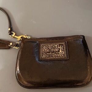 Coach Black Patent Leather Wristlet with Gold Accents